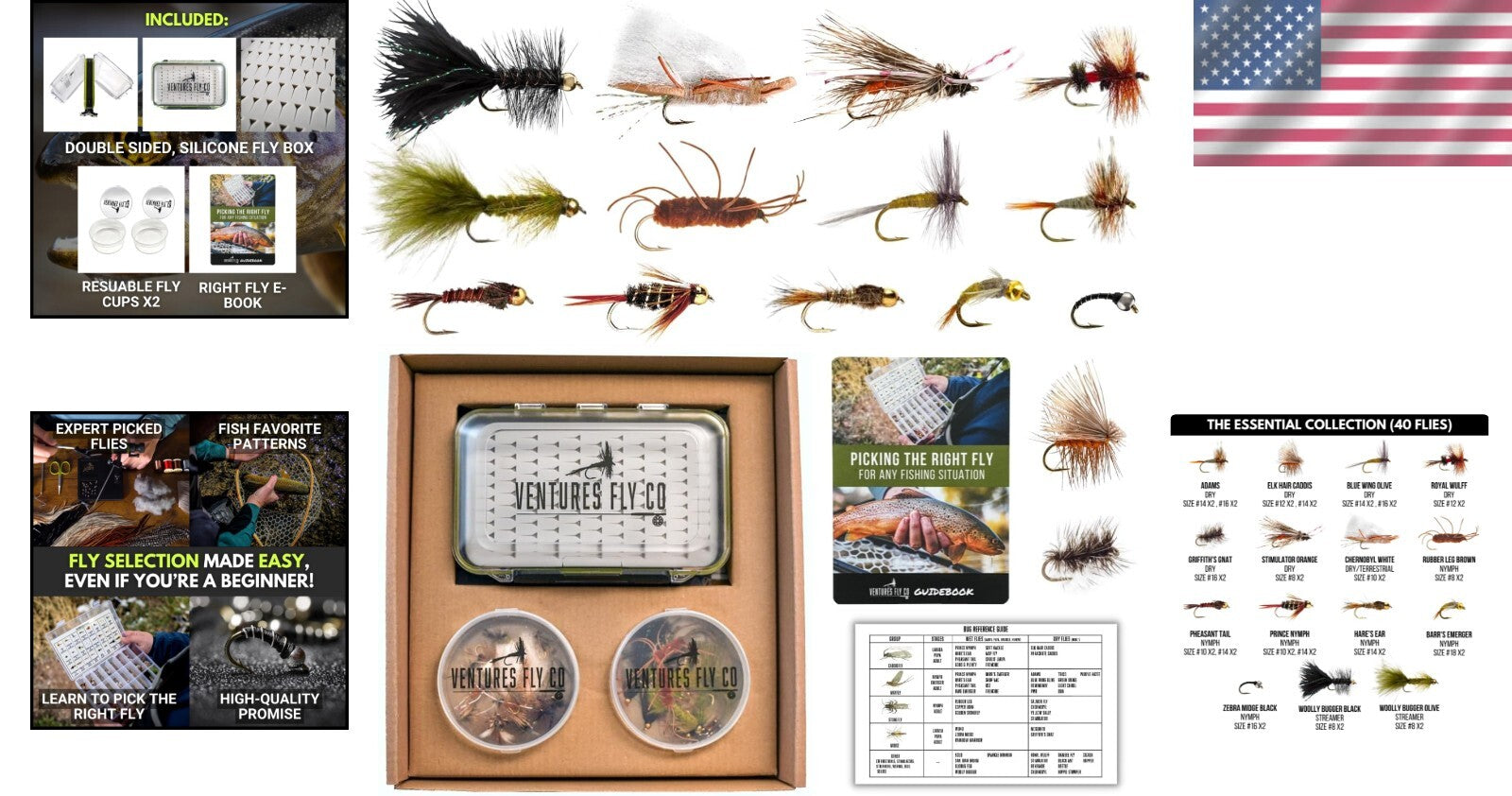 Assorted Fly Fishing Flies - 40 Hand-Tied Patterns for Trout, Bass, and More