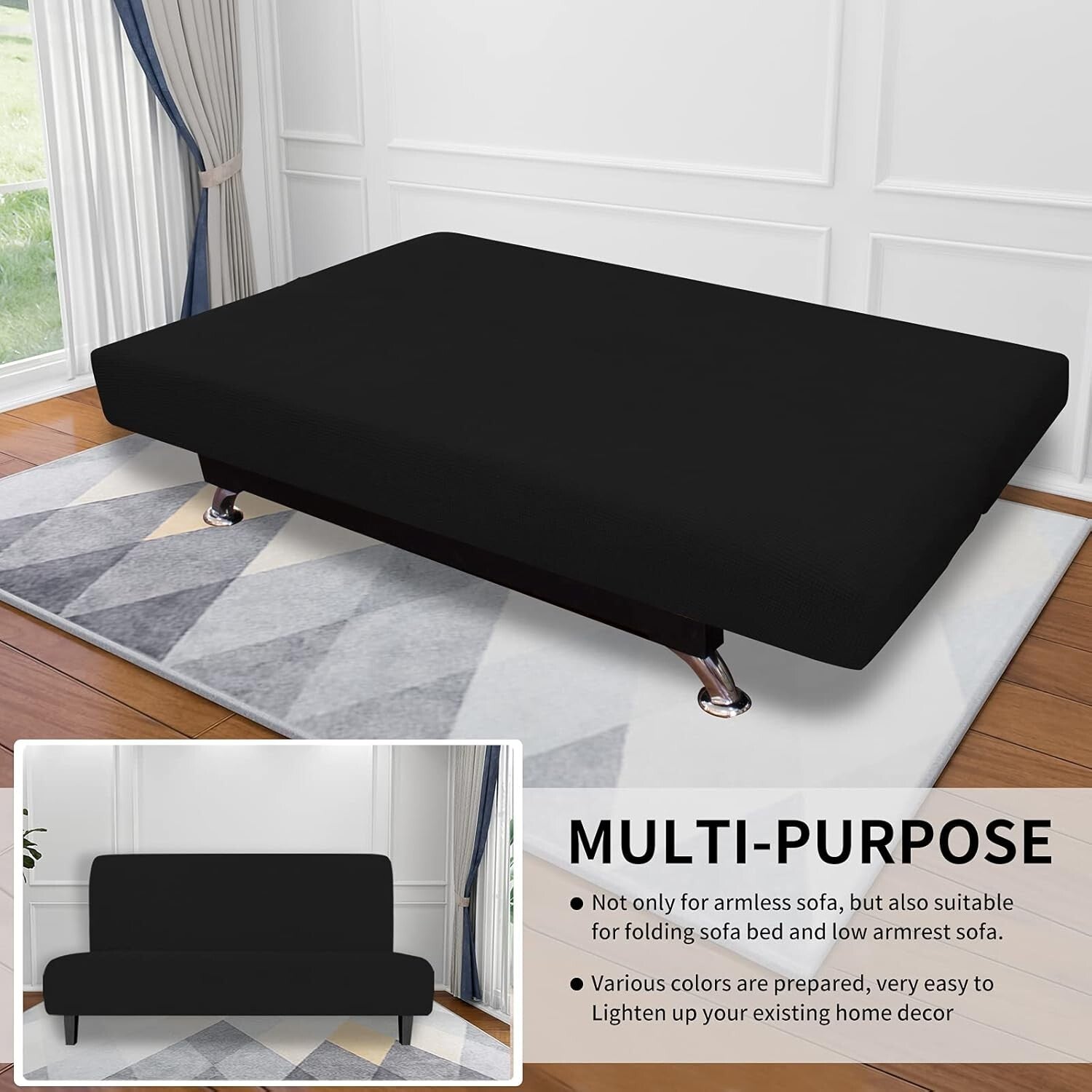 Elegant Black Armless Futon Slipcover - Stretchy Jacquard Fabric Protector