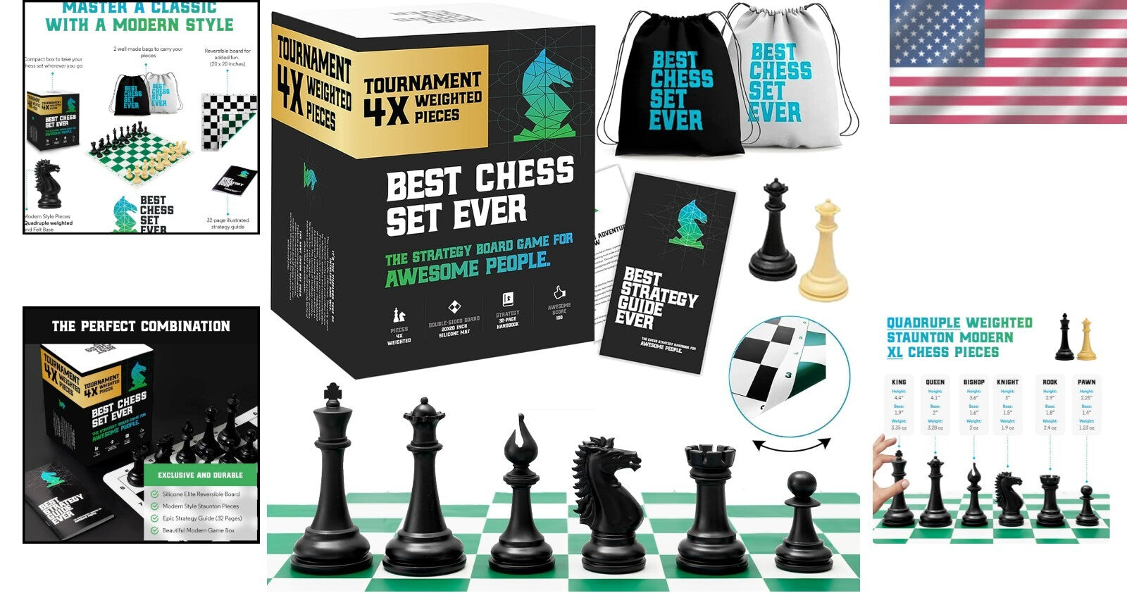 XL Quadruple Weighted Chess Set with Portable 20" Silicone Board - For All Ages