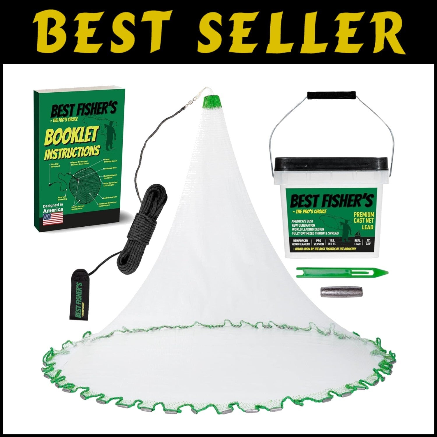 All-in-One Fishing Cast Net with Repair Kit - Sizes from 4ft to 12ft Available