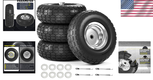 Durable 10 Inch Flat Free Tires for Hand Trucks - 4 Pack with Double Bearings