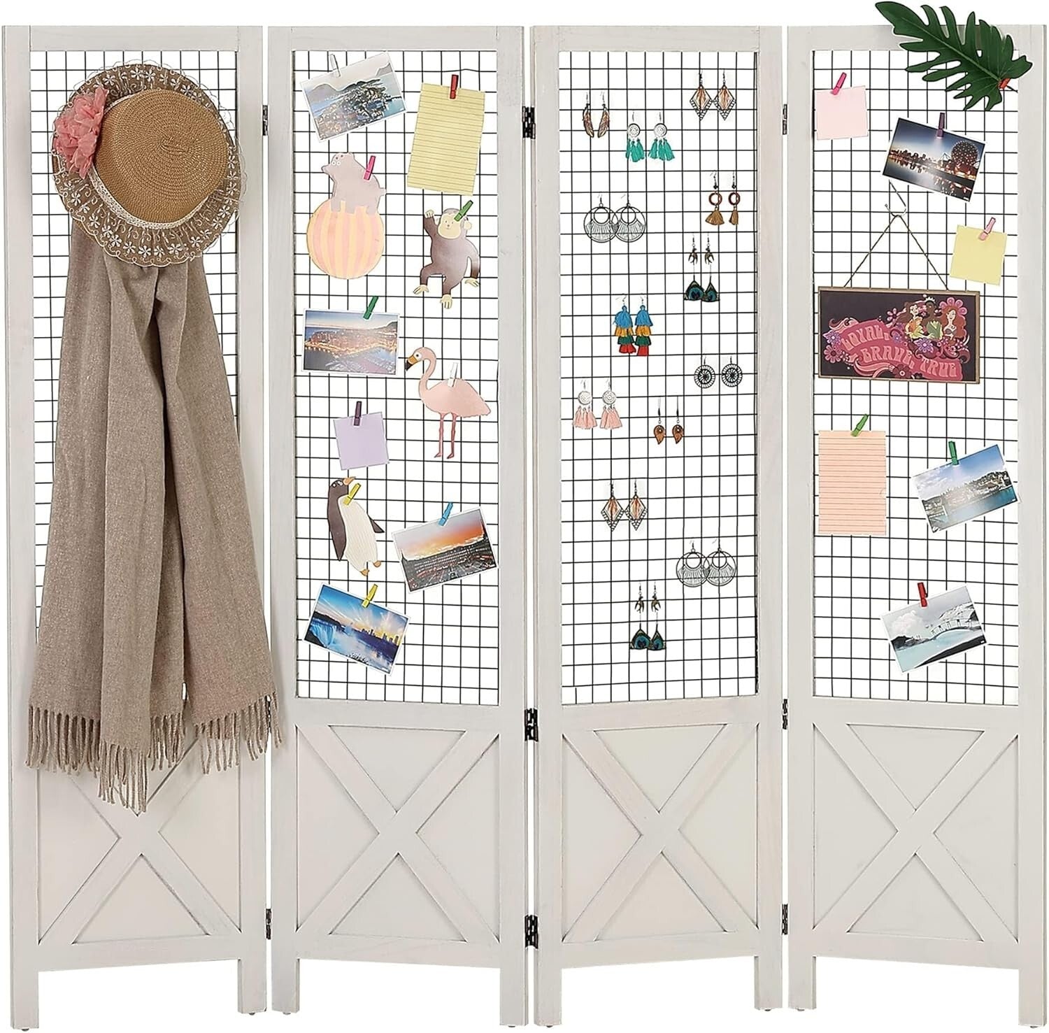 Multi-Use White Wood Room Divider & Display Board - 4 Panel Freestanding Design