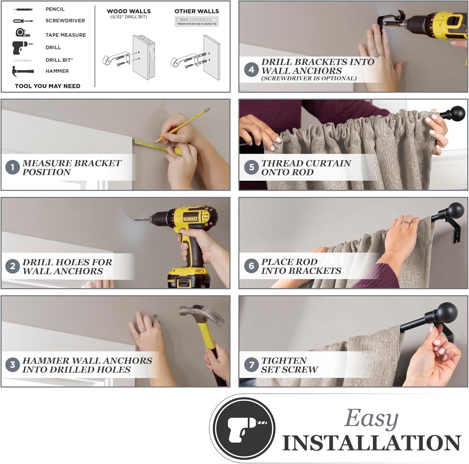 Durable Black Extendable Curtain Rods, 5/8" diameter, 4 Pack for Window Decor