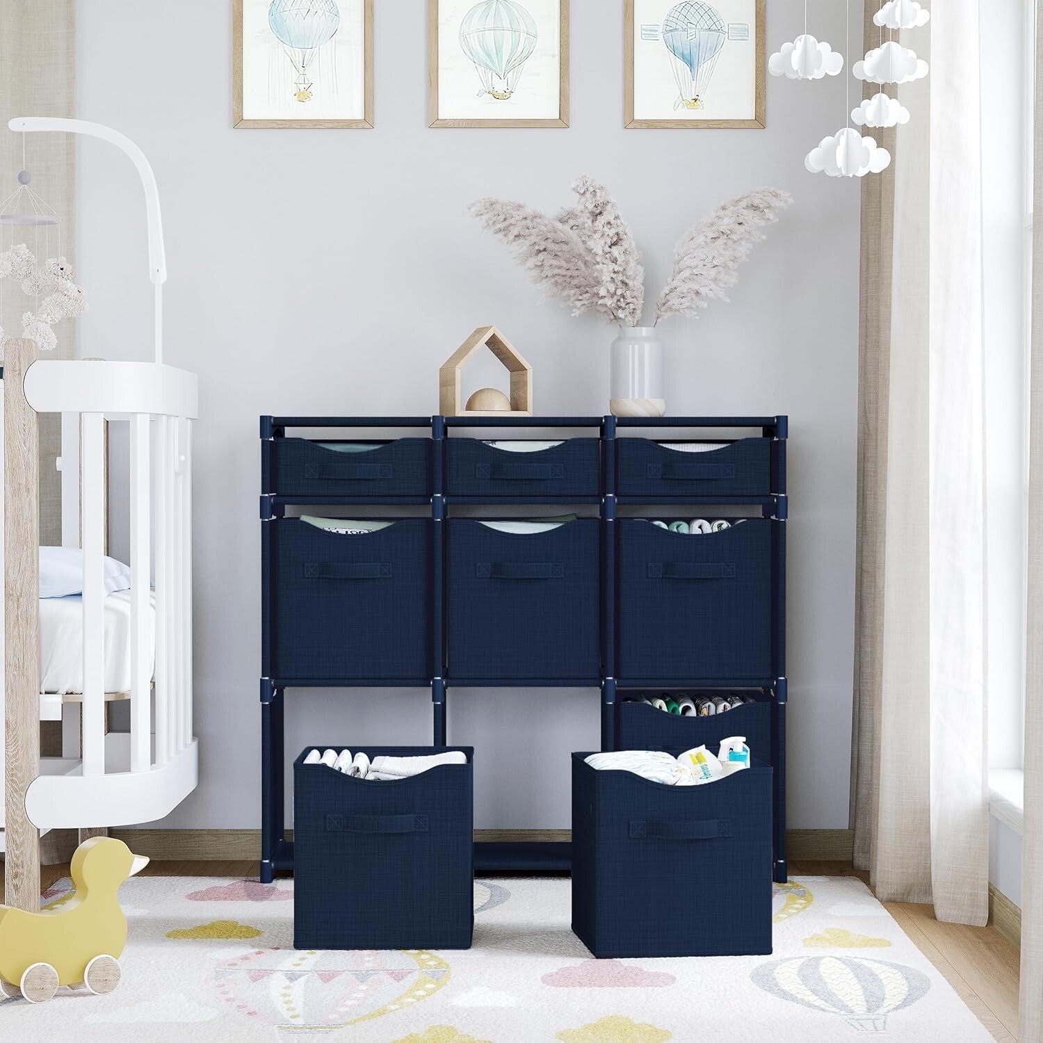 9 Cube Navy Organizer with Foldable Bins - Effortless Style for Kids' Rooms