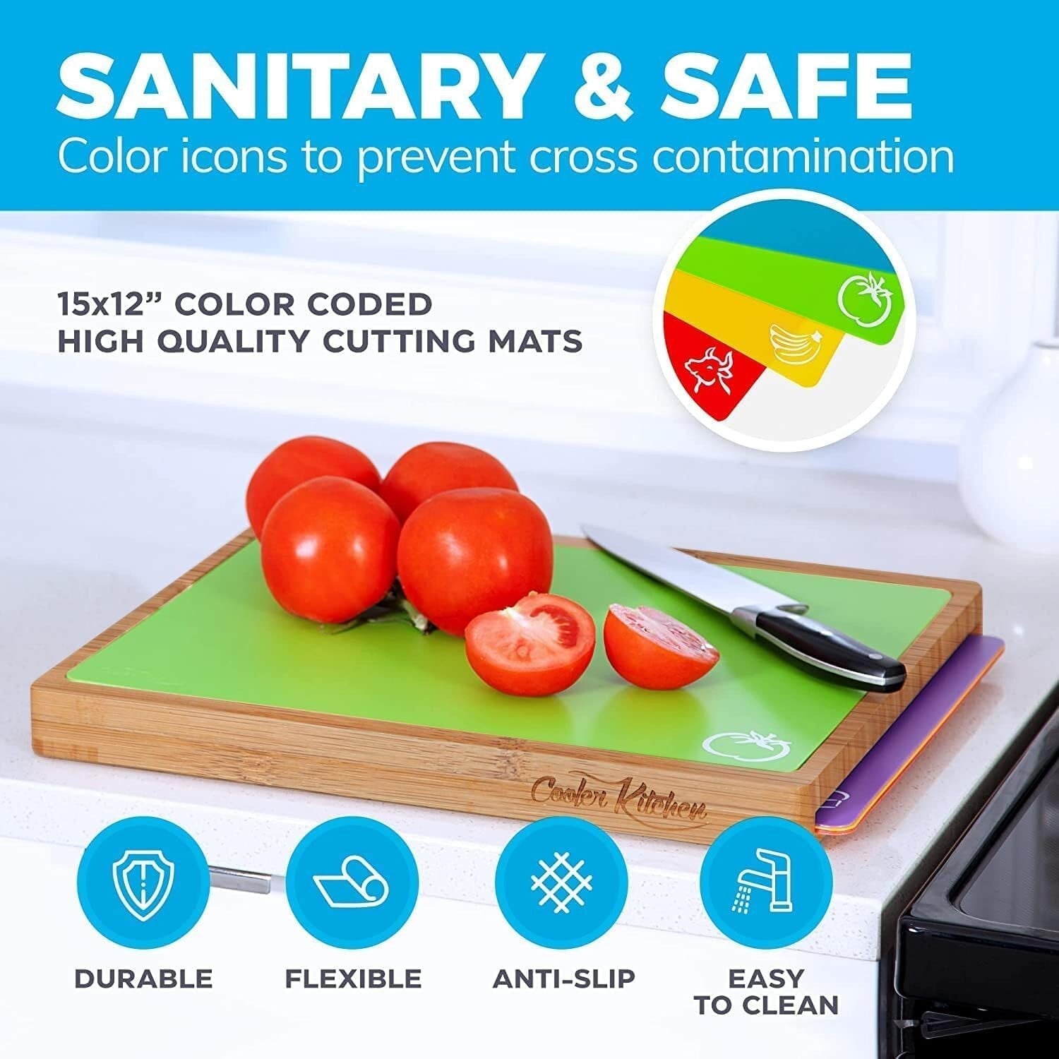 Durable Bamboo Cutting Board with Color-Coded Flexible Mats for Kitchen Safety