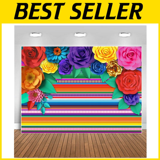Fiesta Themed Party Backdrop - 10'x8' Mexican Striped Decor with Paper Flowers