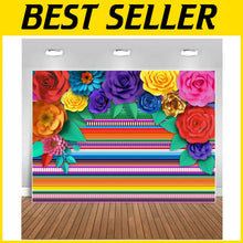 Load image into Gallery viewer, Fiesta Themed Party Backdrop - 10'x8' Mexican Striped Decor with Paper Flowers