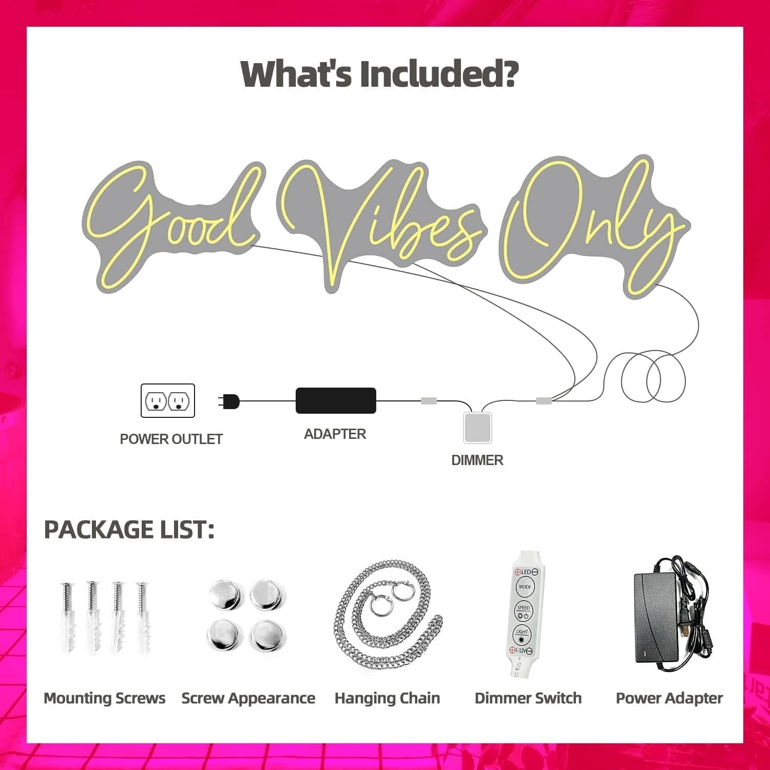 Easy Install 'Good Vibes Only' Neon Sign - 3-Piece LED Light for Unique Ambiance