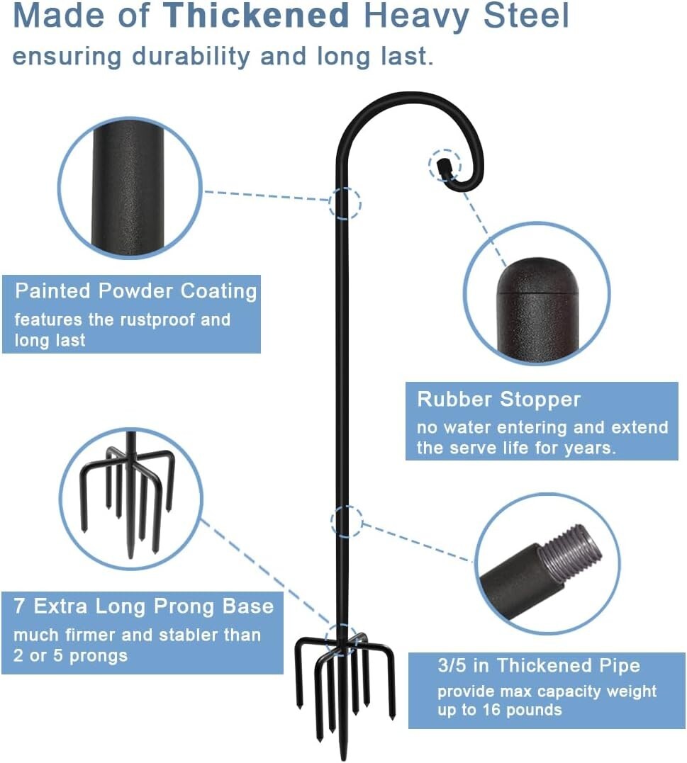 Matte Black 76" Shepherd Hook with 5 Prongs - Sturdy Hanger for Outdoor Decor