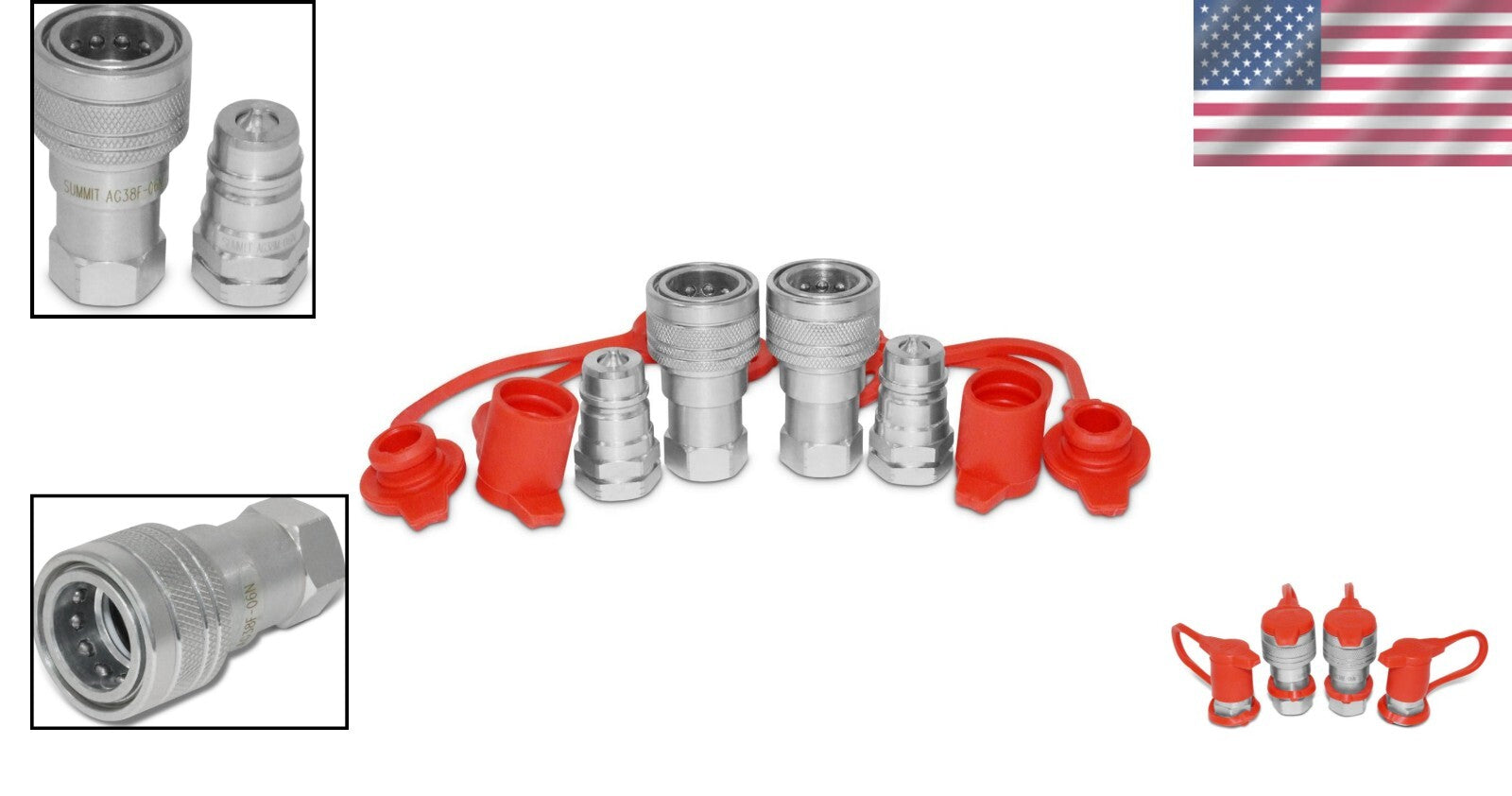 2 Sets of 3/8” Ag ISO 5675 Hydraulic Quick Connect Couplers - Red/Silver Finish