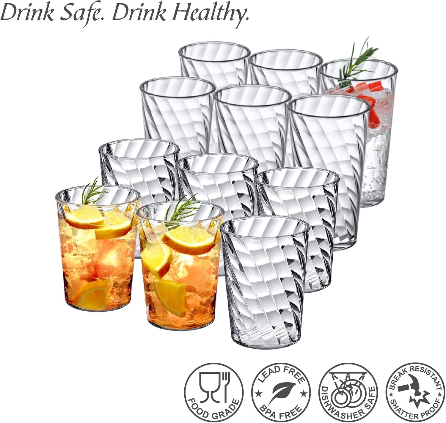 12-Pack All-Clear Plastic Drinking Glasses - Shatter-Proof & Dishwasher Safe