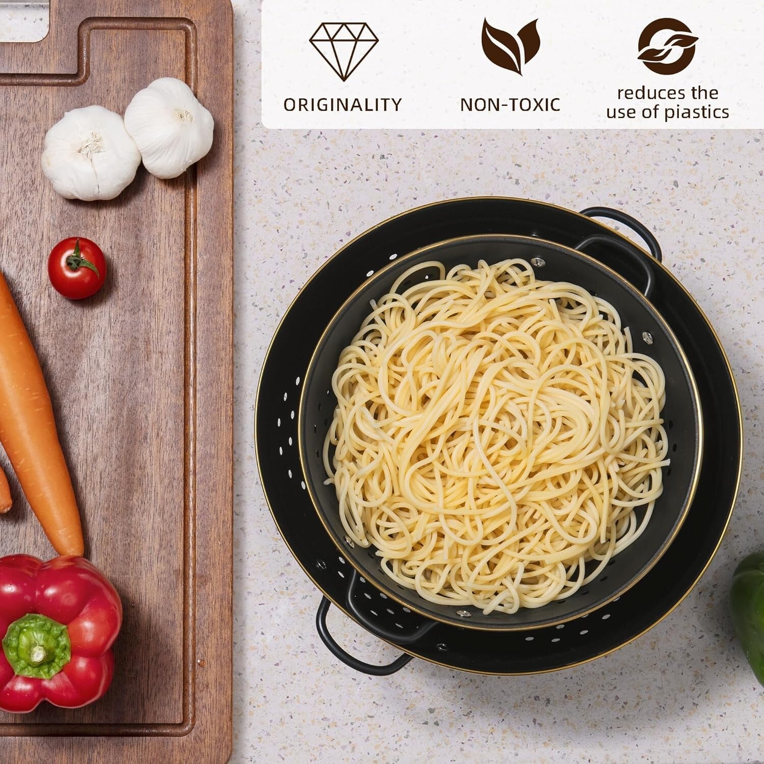 Elegant Matte Black Colanders - Rust-Resistant Metal Strainer Set for All Foods