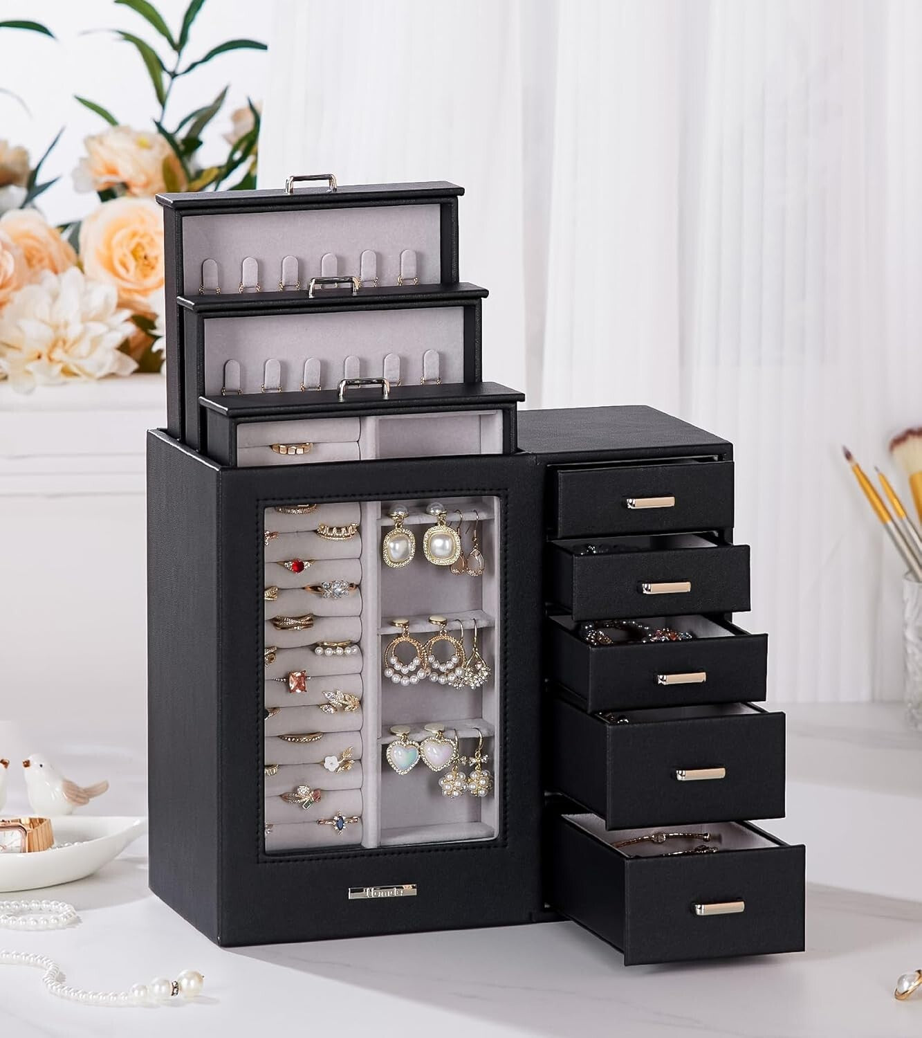 Elegant Large Jewelry Box Organizer with Glass Window & Velvet Lining - 5.4x10.8