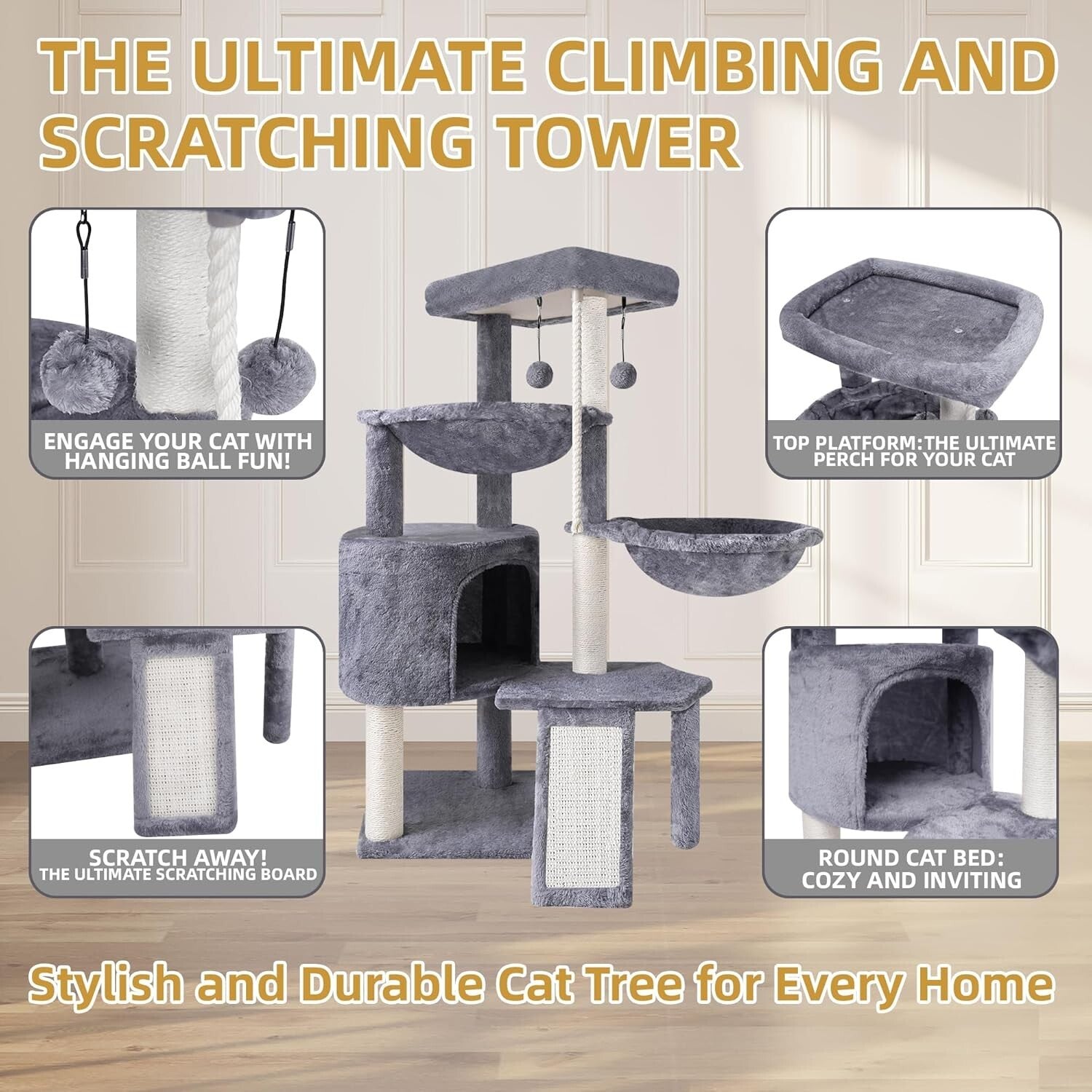 Stylish Grey Three-Level Cat Tree with Two Relaxing Hammocks & Condo Space