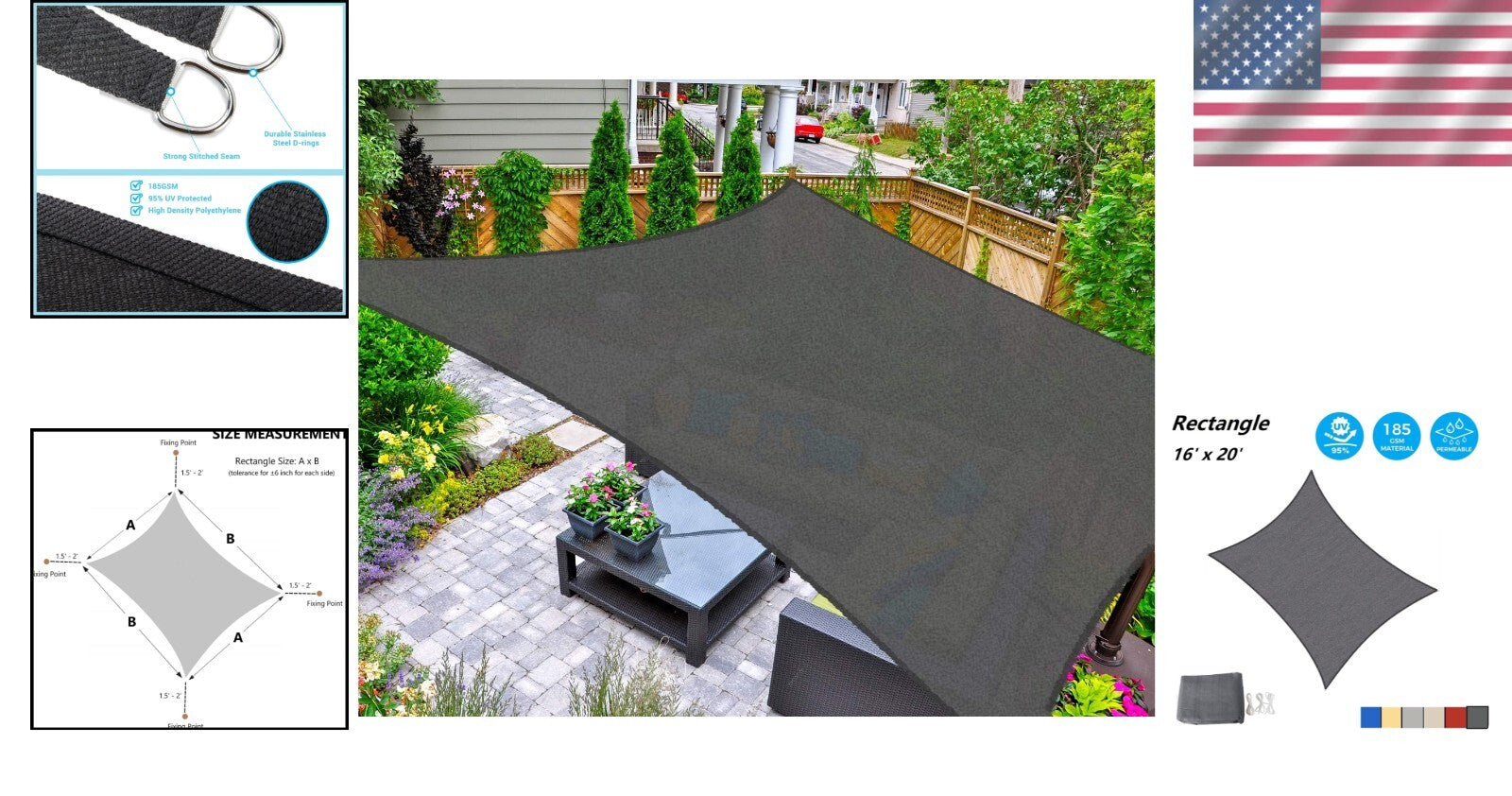 Lightweight UV-Blocking 16' x 20' Graphite Shade Sail for Stylish Outdoor Living