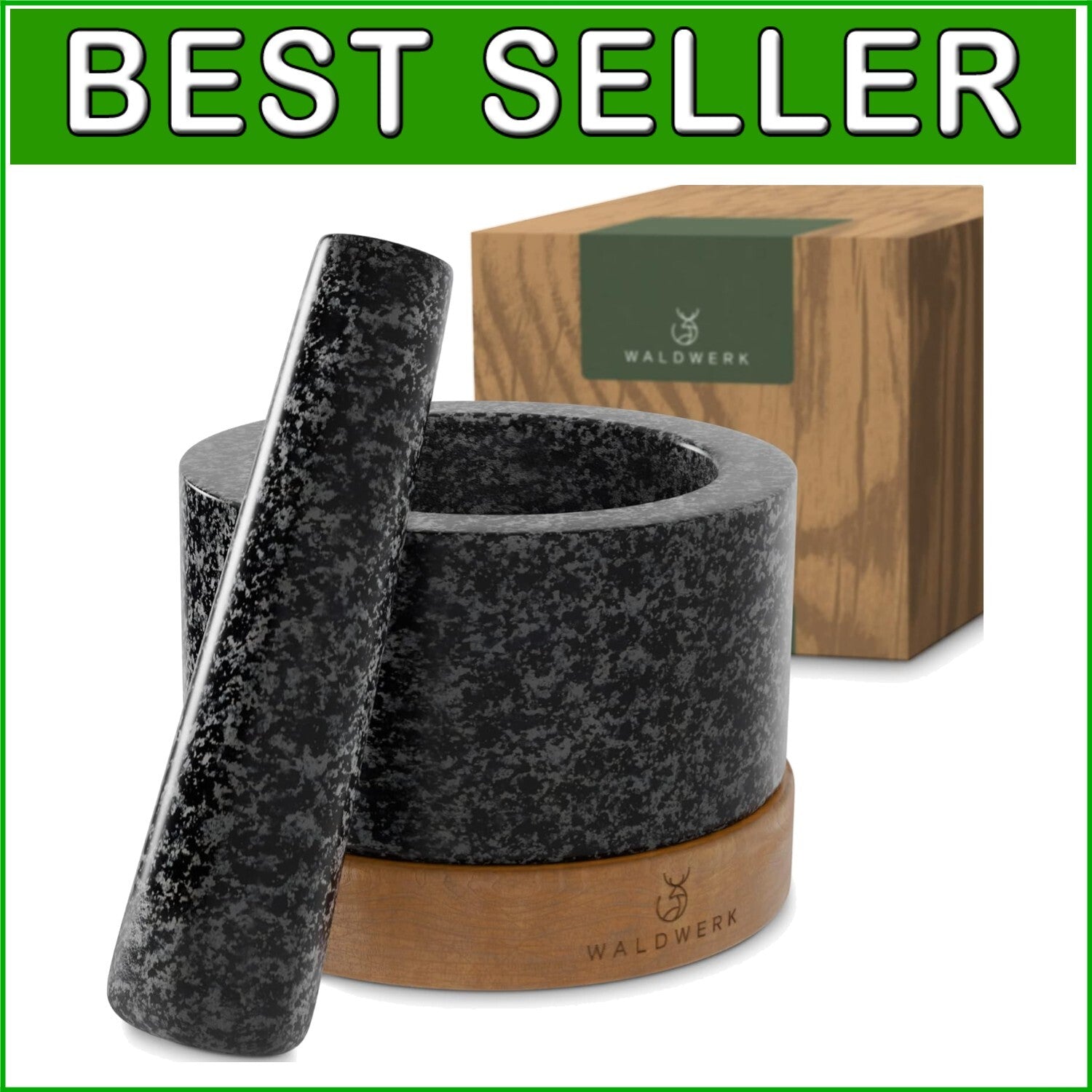 Extra Large Natural Granite Mortar and Pestle with Stylish Acacia Wood Stand