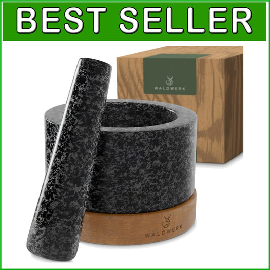 Extra Large Natural Granite Mortar and Pestle with Stylish Acacia Wood Stand