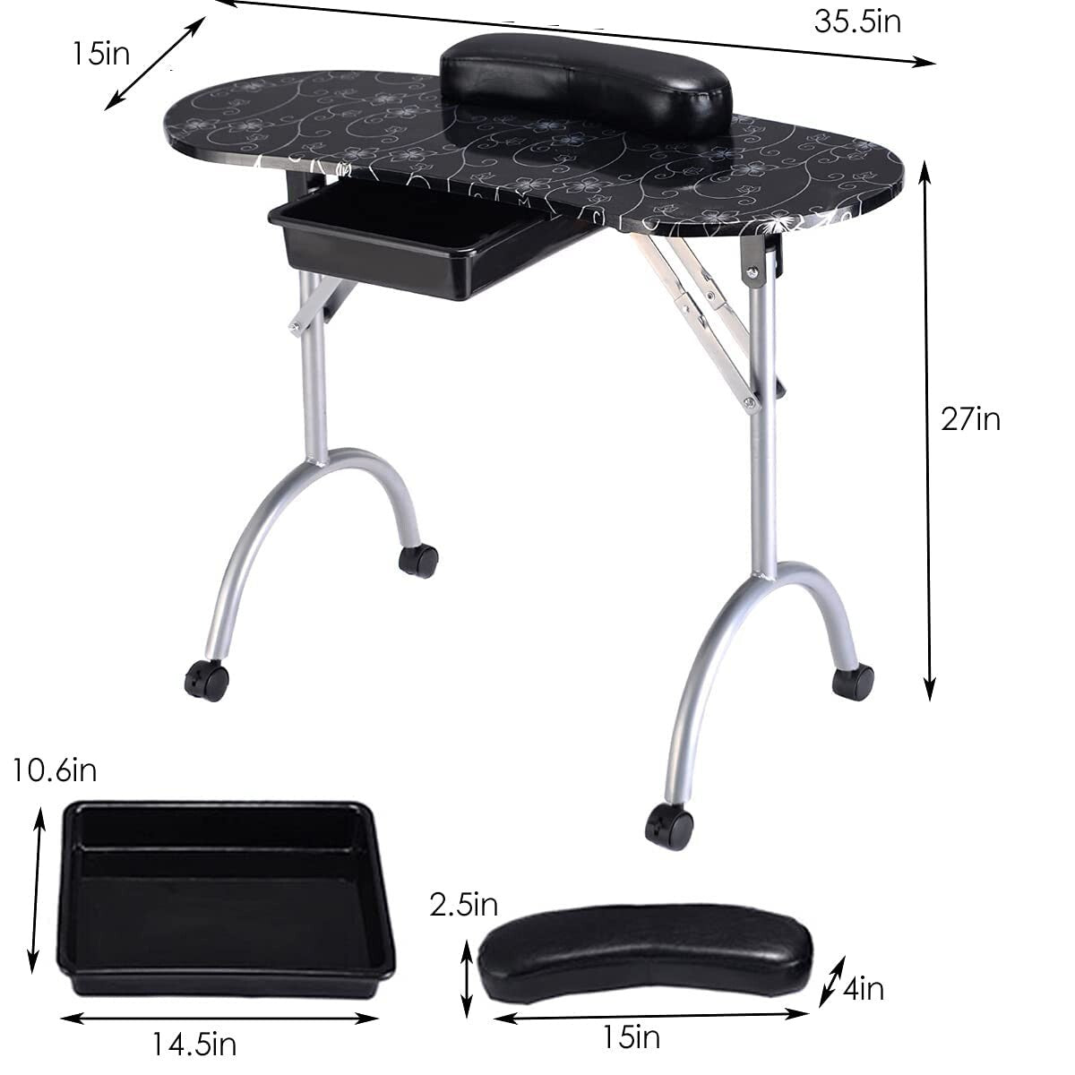 Foldable Portable Manicure Table with Large Drawer & Lockable Casters, Black