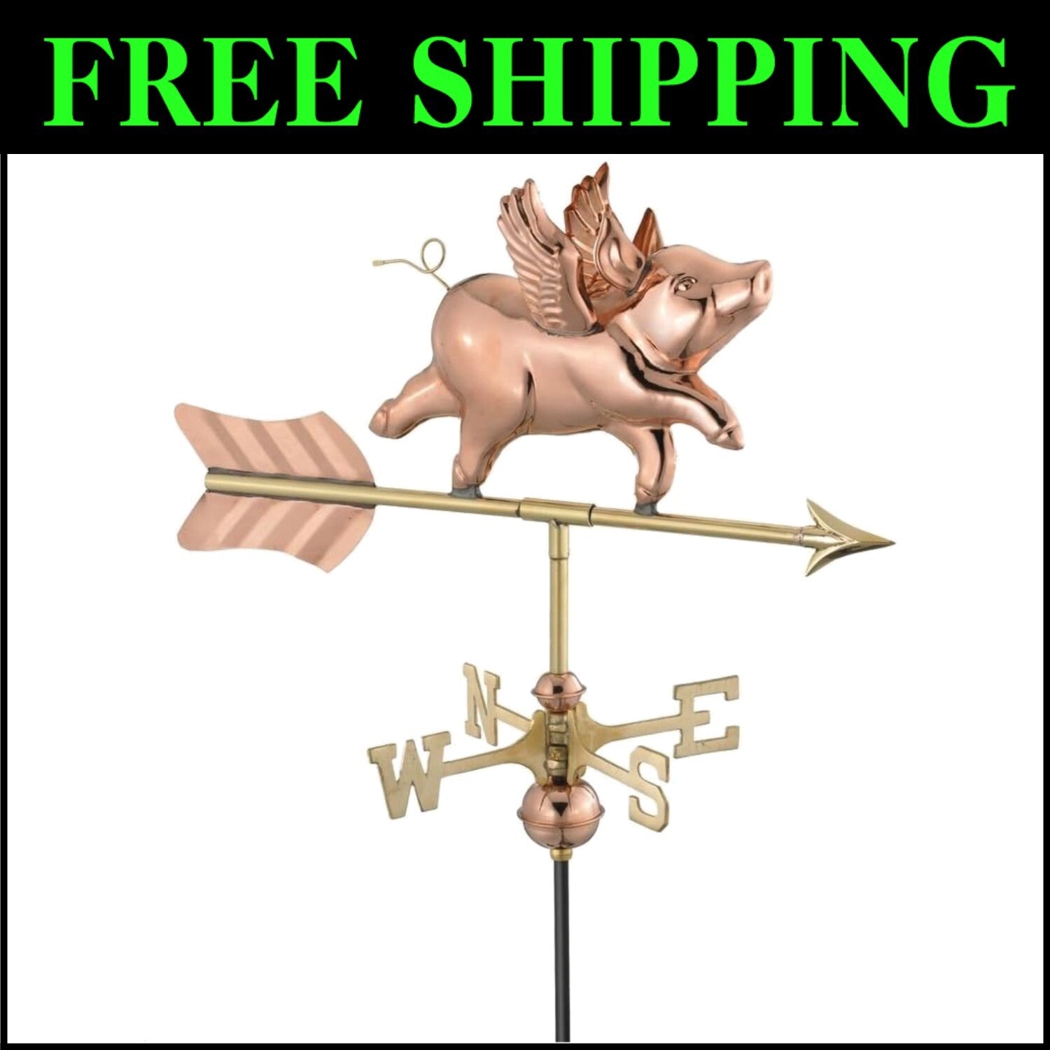 Heirloom-Quality Copper Weathervane: Charming Flying Pig Design for Small Homes