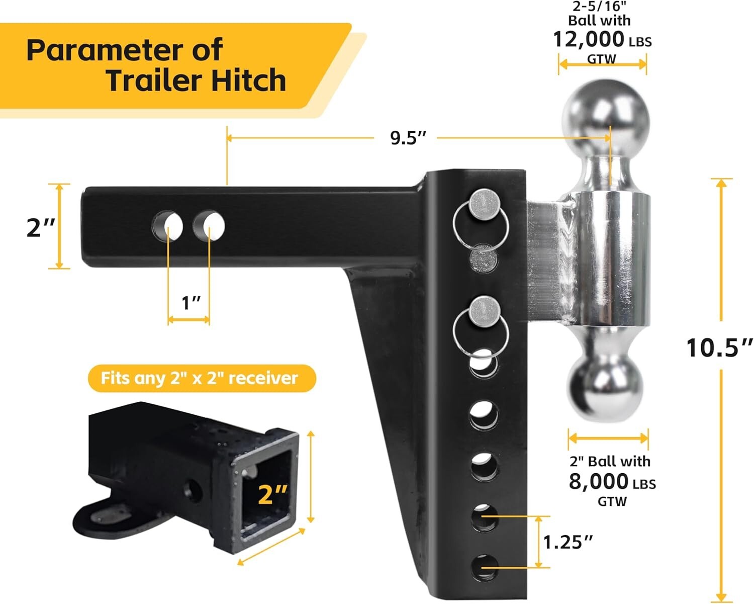 Adjustable Dual Ball Mount - 12,000 lbs Capacity for 2" Receiver, Dual Balls