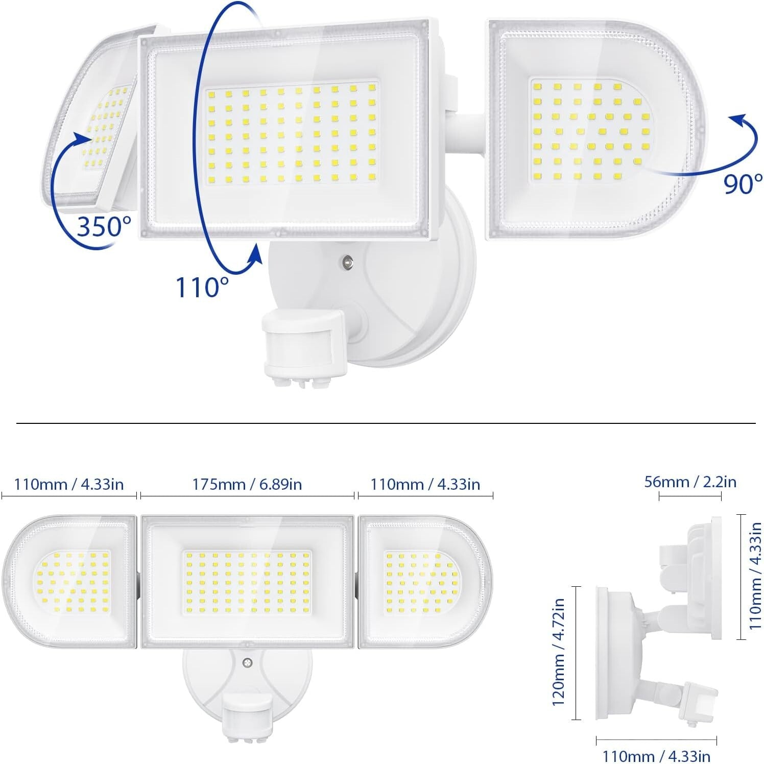 9000 Lumens Bright Motion Sensor Flood Lights - 3 Adjustable Heads for Security