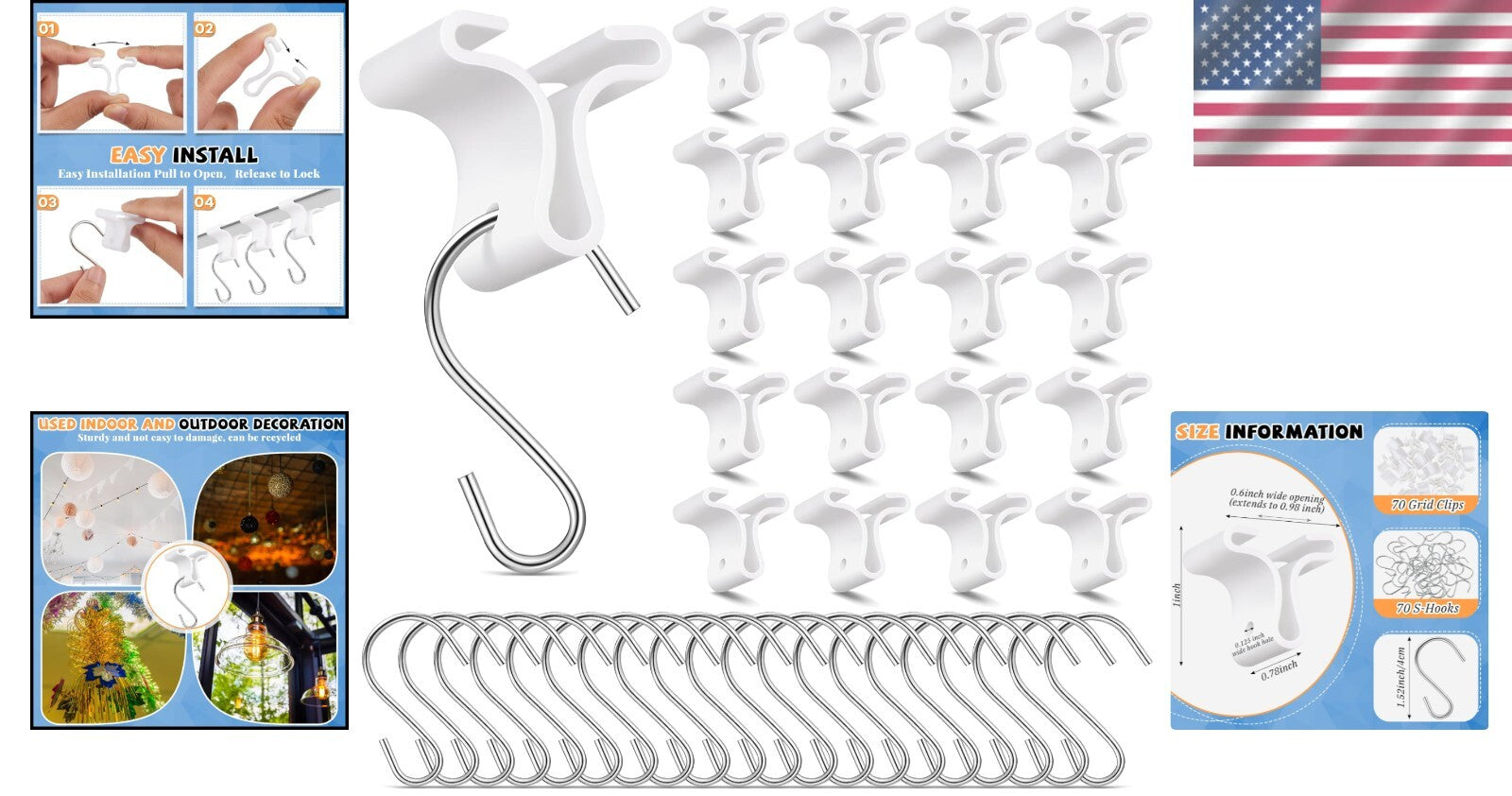 70 Pack Ceiling Hooks & Clips for Classrooms - Durable White Decor Solution