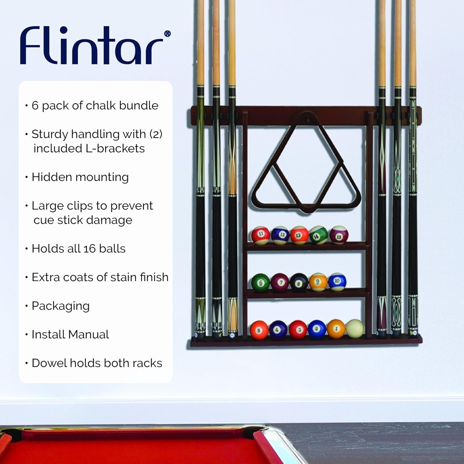 Elegant Black Wall Mount Cue Rack - Holds 6 Cues & 16 Balls - Easy Installation