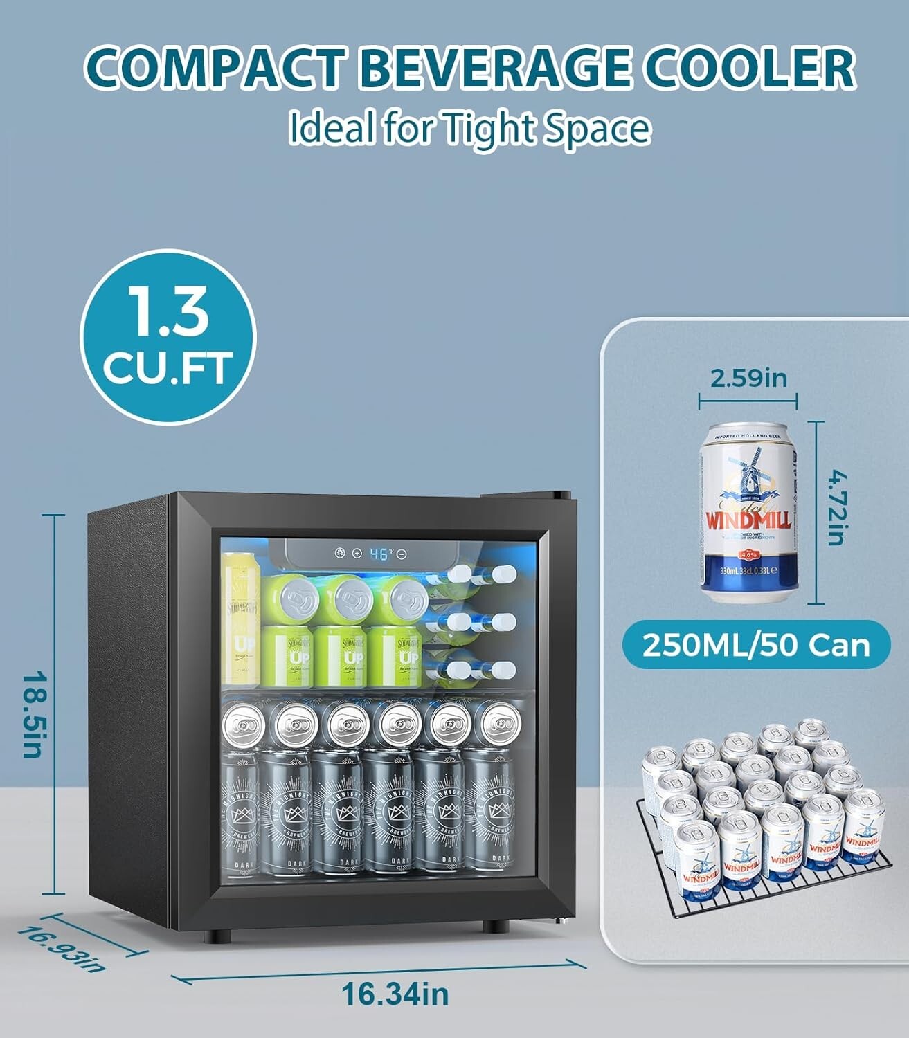 50 Can Mini Beverage Refrigerator with Digital Control - Compact Stylish Cooler
