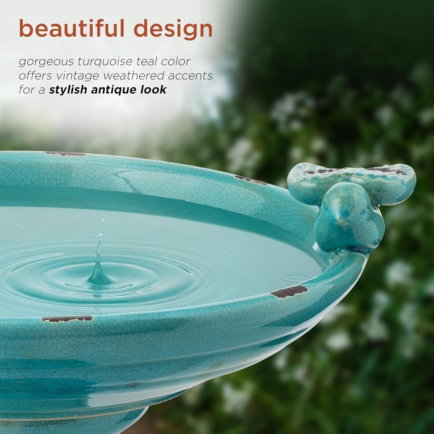 25" Antique Turquoise Ceramic Birdbath with 2 Figurines for Birds & Garden Charm