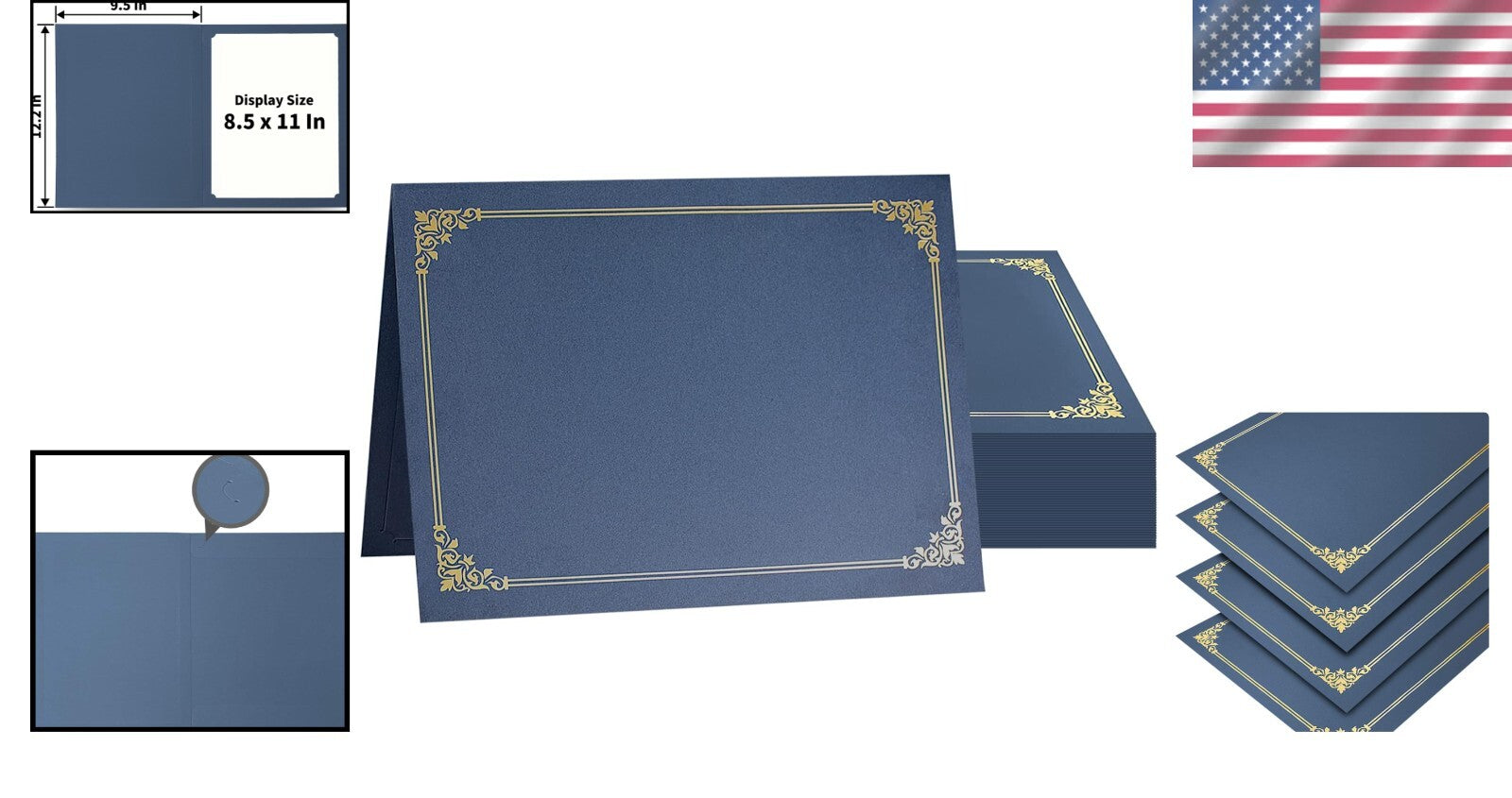 50 Pack Gold Foil Trim Certificate Covers - Navy Blue, Durable for 8.5x11 Docs