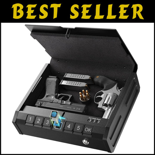 Compact Biometric Gun Safe for Home, Nightstand & Car – Fingerprint Access & Key