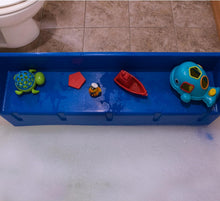 Load image into Gallery viewer, Bathtub Splash Guard Play Shelf - Fun Toy Tray with 10 Suction Cups in Blue