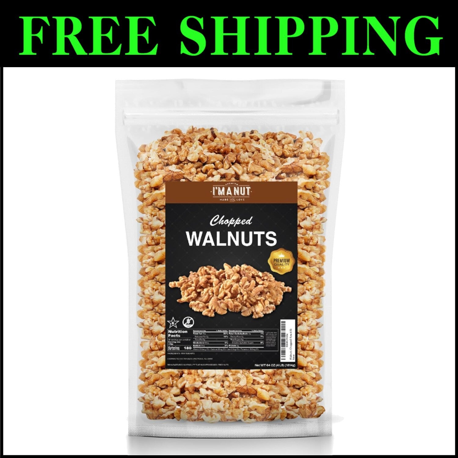 Natural Raw Chopped Walnuts 64oz - Bulk Quality, Gluten-Free, Resealable Pouch