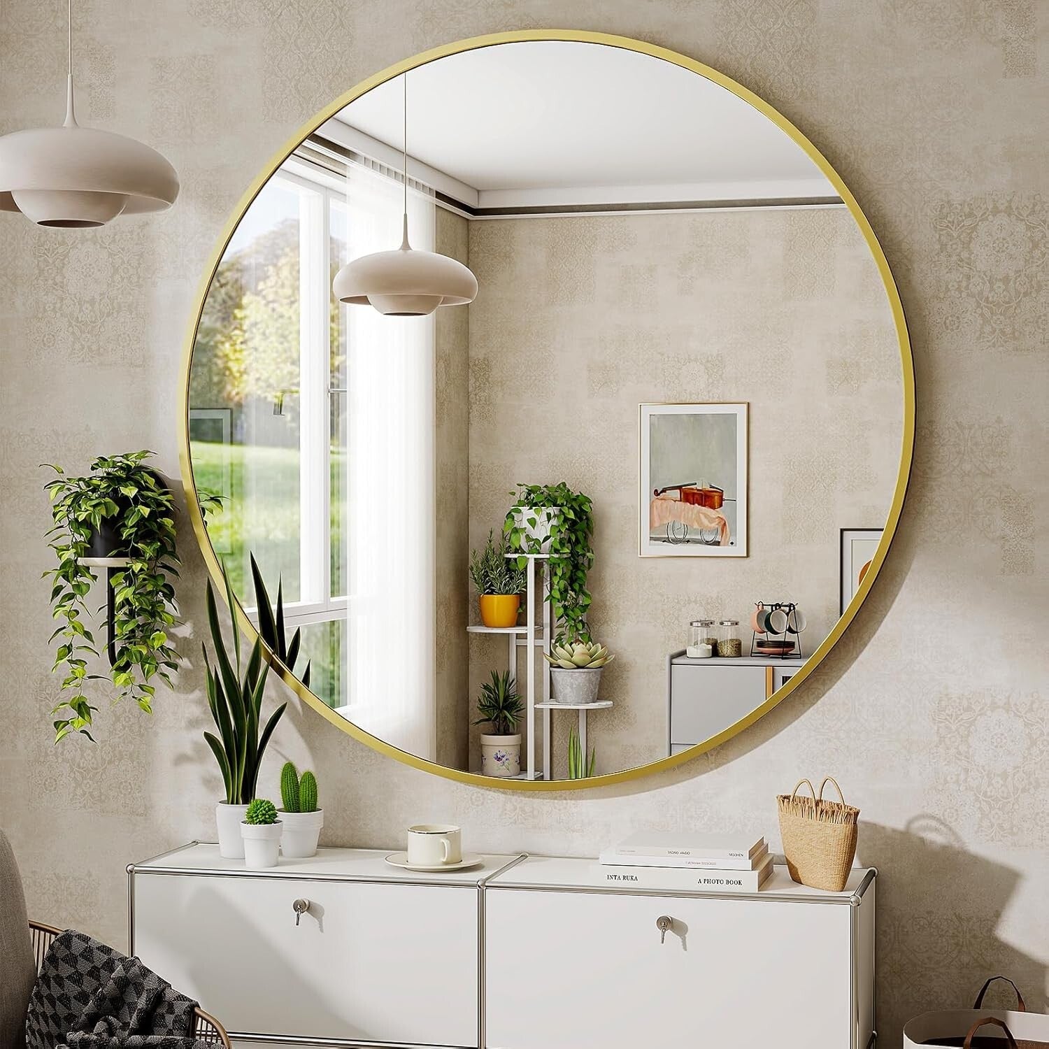 Elegant 48-Inch Round Mirror with Secure Installation for Entryway & Bathroom