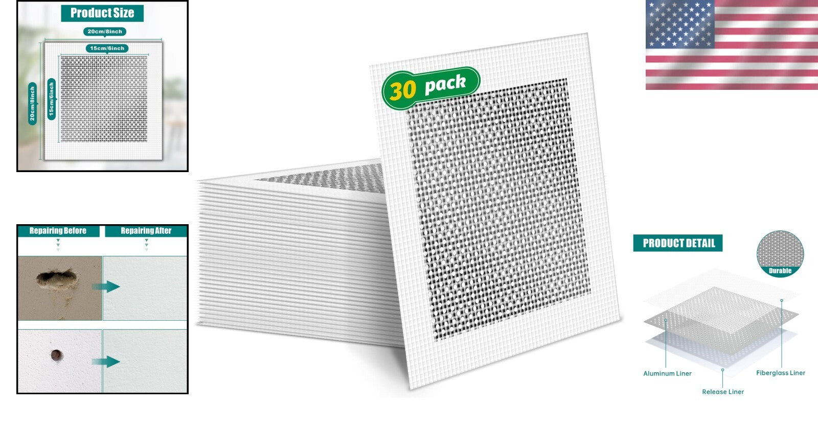 30Pcs 6 Inch Self-Adhesive Fiberglass Drywall Patch Kit for Wall Repairs