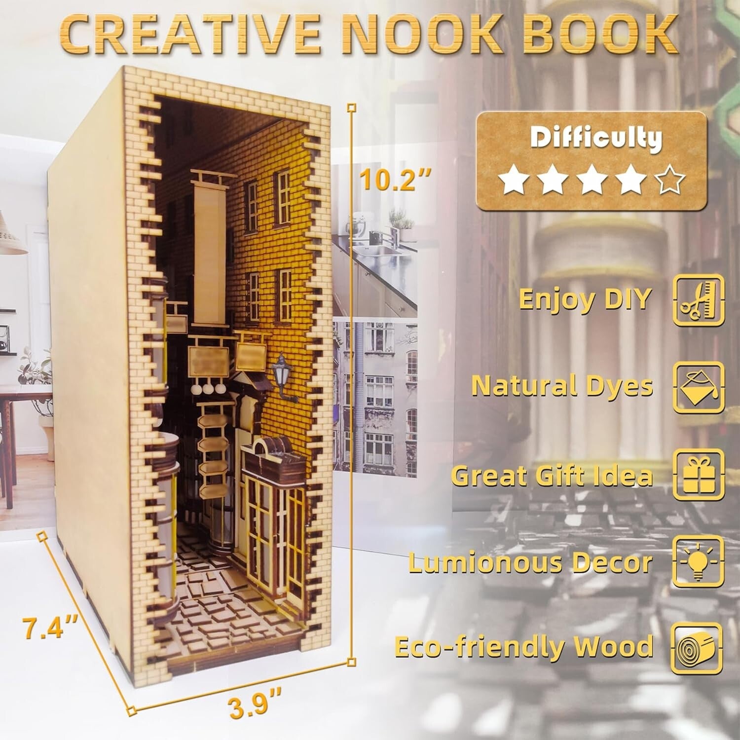 Intricate DIY Book Nook Kit for Adults - LED Light & Decorative Bookend Insert