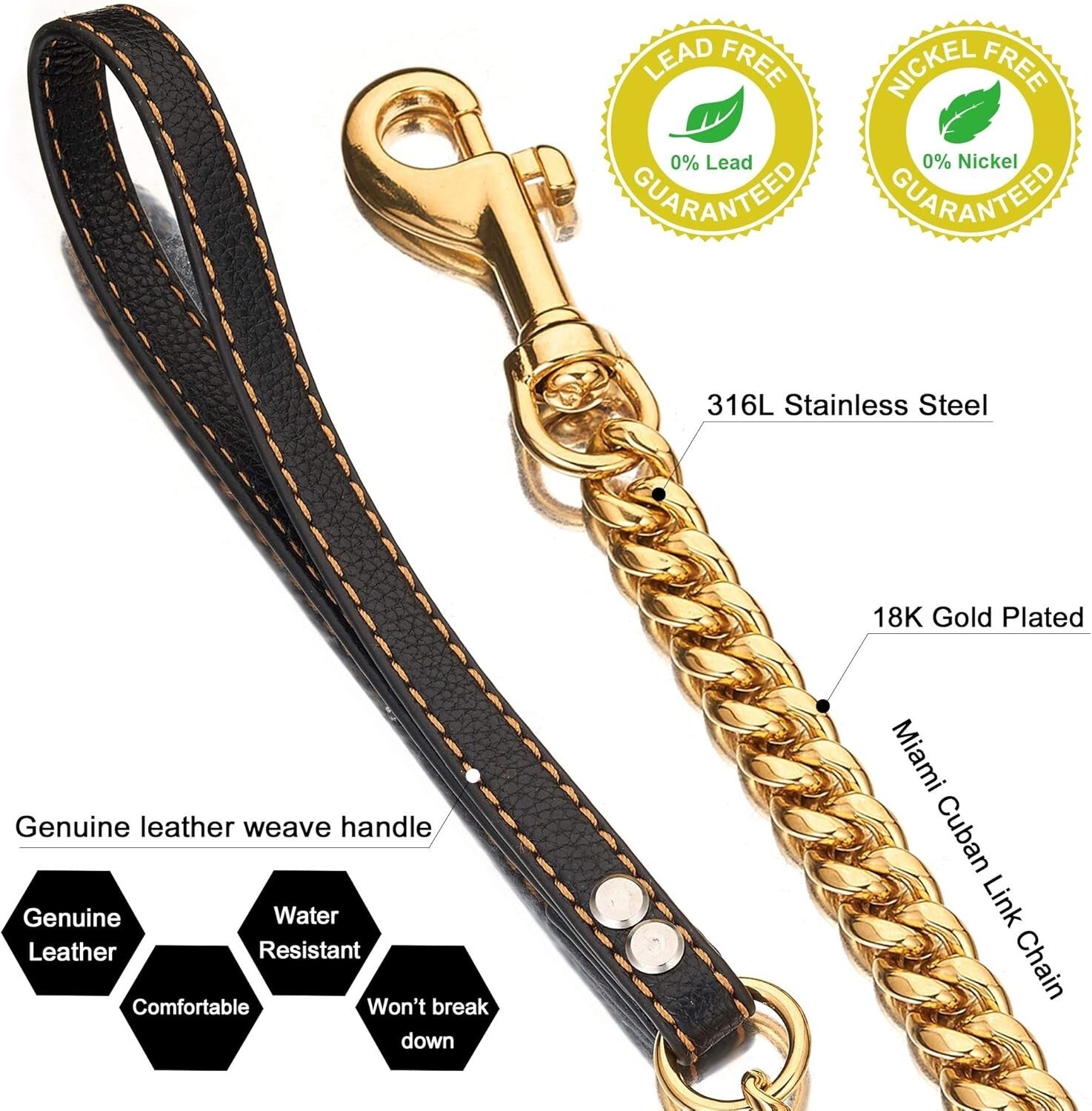 Stainless Steel Cuban Link Dog Leash with Padded Leather Handle for Large Breeds