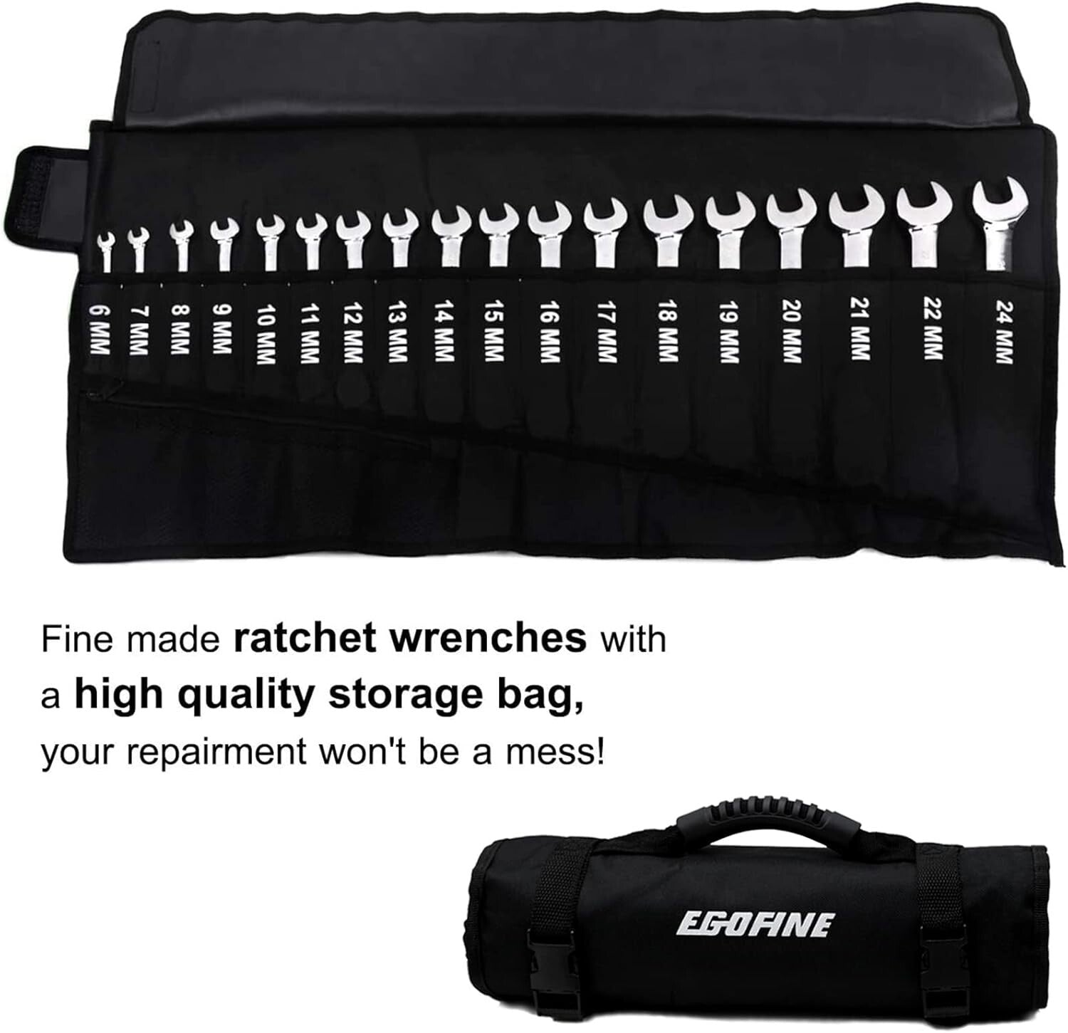 Durable 18pc Metric Ratcheting Wrench Set with Chrome Vanadium and Roll Up Bag
