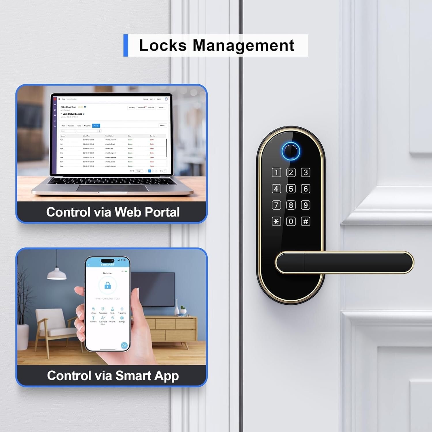 Biometric Keyless-Entry Smart Lock - Fingerprint & Code Touchscreen Gold Design