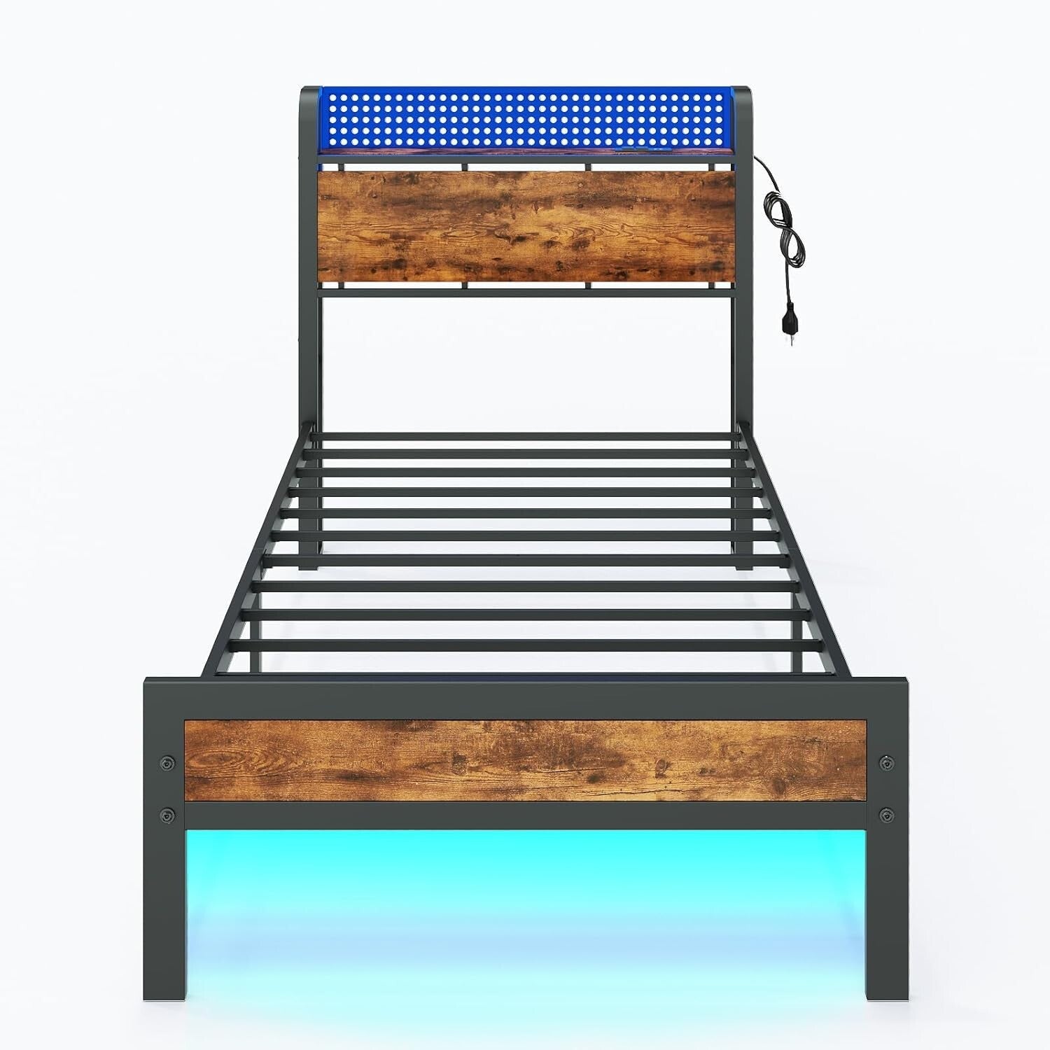 Functional Twin Bed Frame with LED Lights, Wood Headboard & Under-Bed Storage