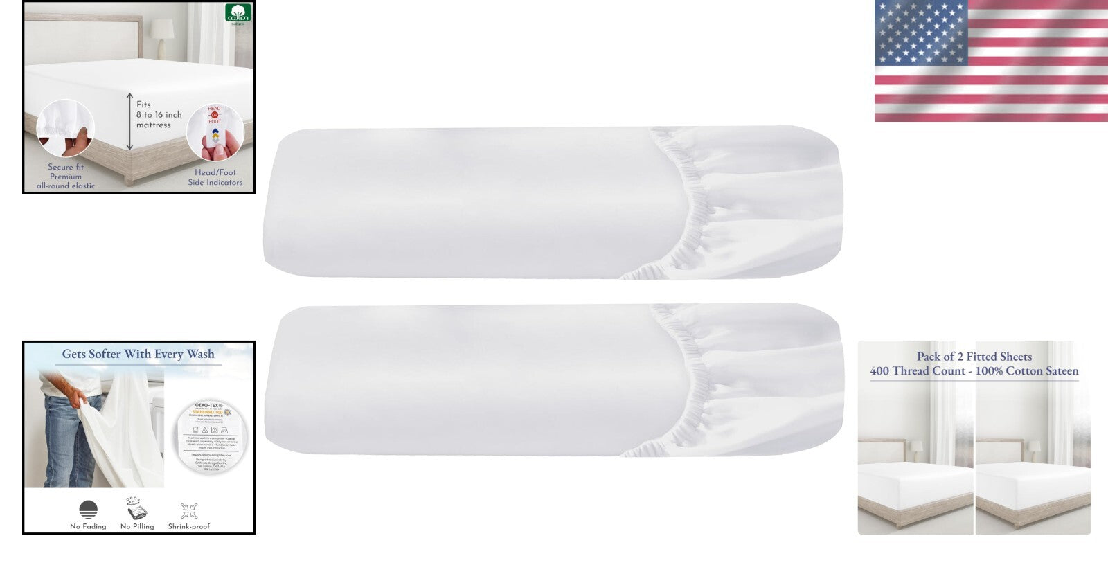 Comfortable King Size Fitted Sheets, 2-Pack 400 TC Cotton Sateen Bright White