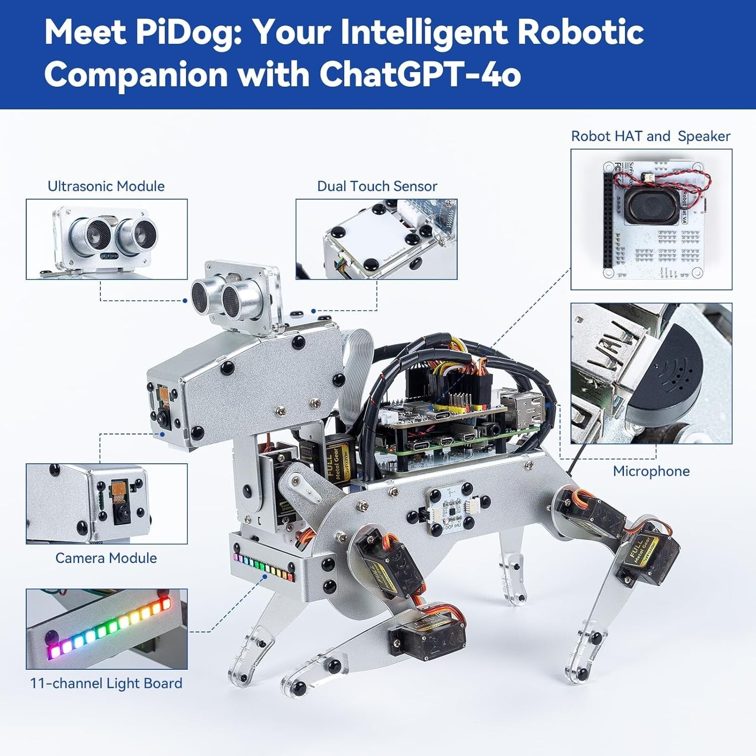 Raspberry Pi AI Robot Dog Kit - 12 Servos, App Control, and Video Recognition