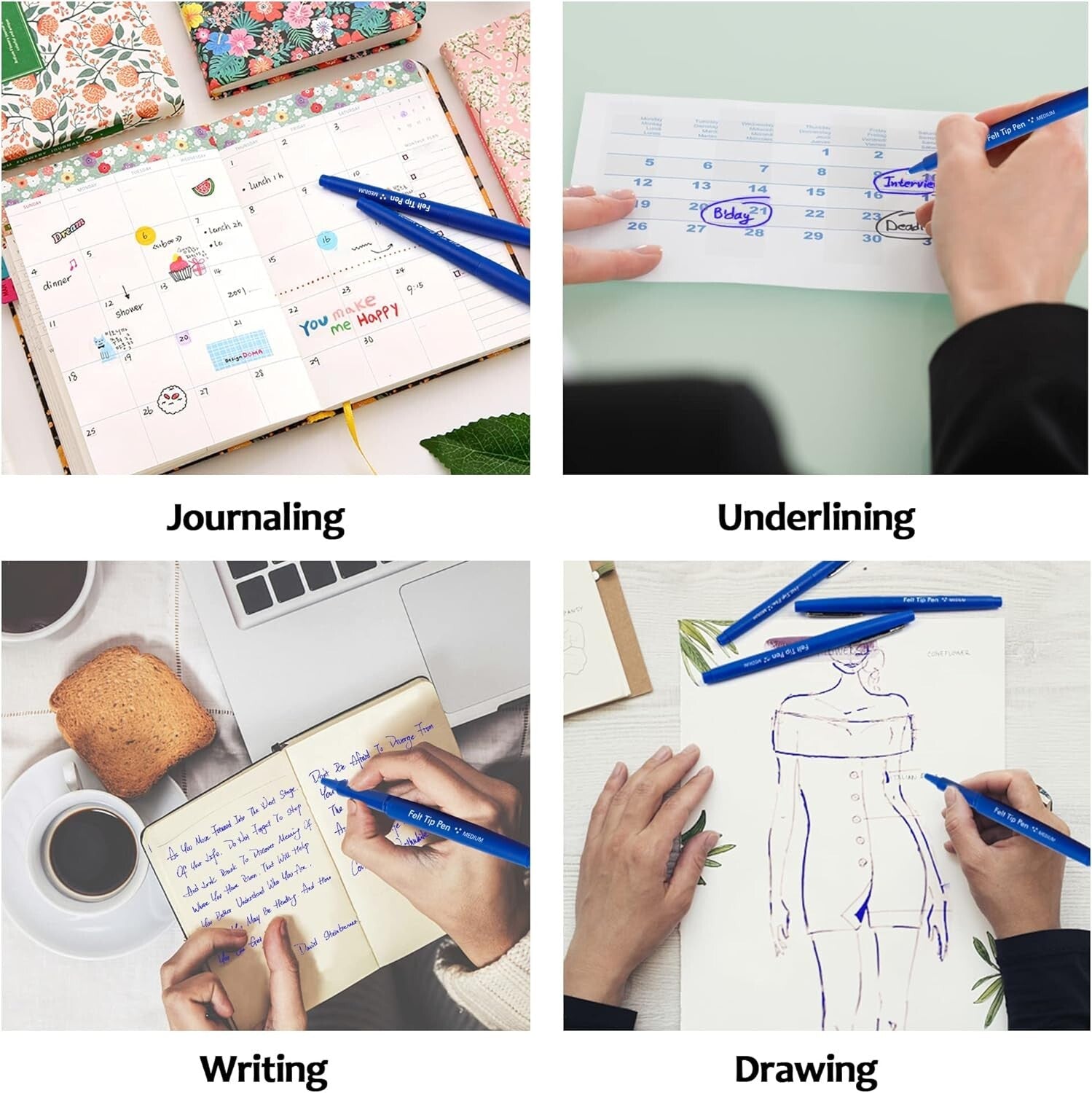 60 Blue Felt Tip Pens - Non-Toxic, Quick-Drying for Classroom & Office