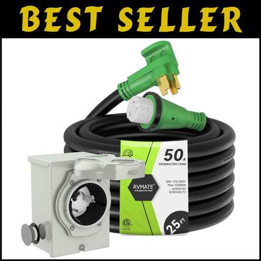 50 Amp Generator Cord 25FT with Pre-Drilled Power Inlet Box Kit, Durable & Safe