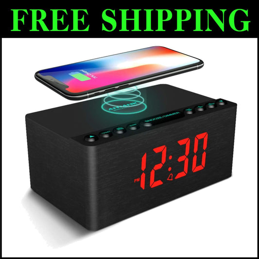 Chic Wooden Alarm Clock & Wireless Charging Dock with Adjustable Brightness