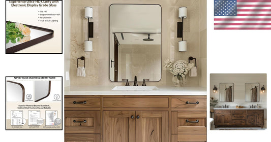 Brushed Bronze Bathroom Mirror, 24"x36" Rounded Rectangle, Stainless Steel Frame