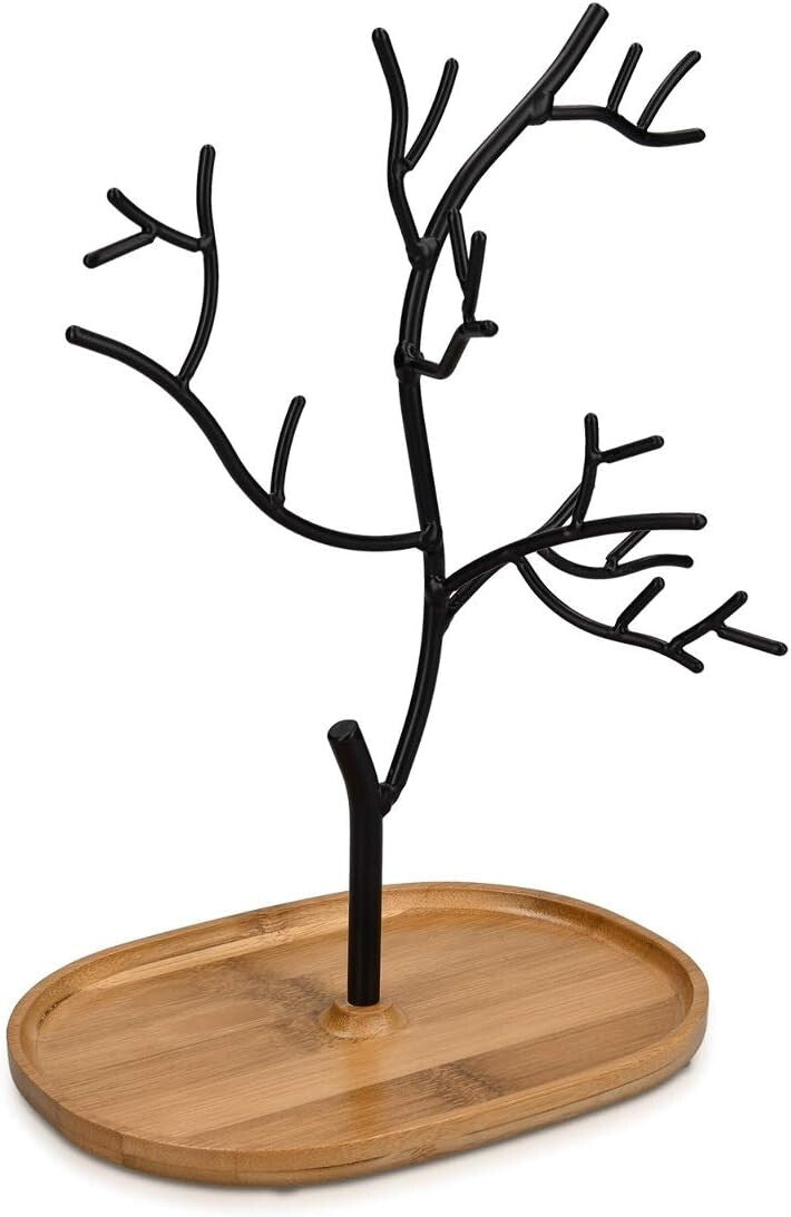 Fashionable Jewelry Organizer with Tree Design & Freestanding Bamboo Dish Base