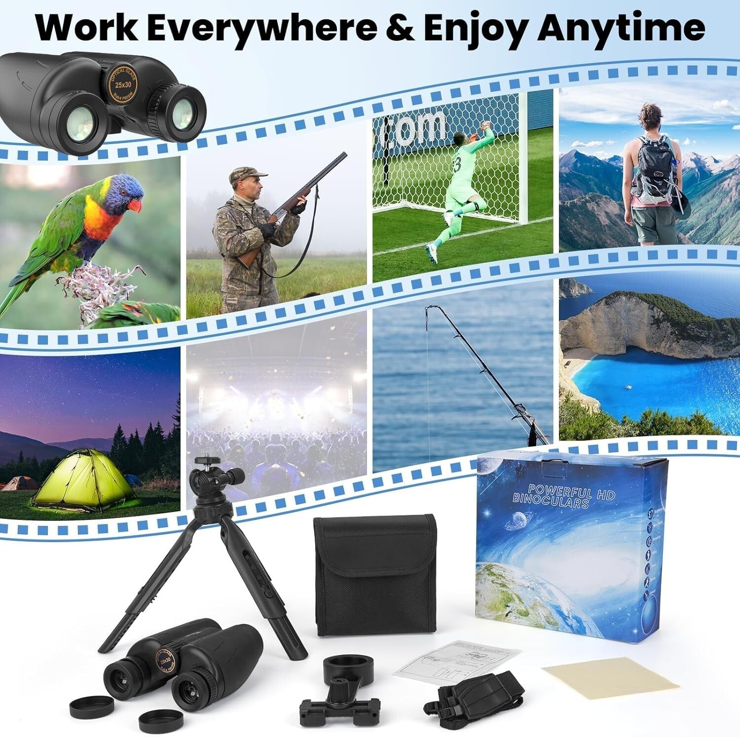 Lightweight 30mm Waterproof Binoculars with Tripod for Bird Watching & Concerts