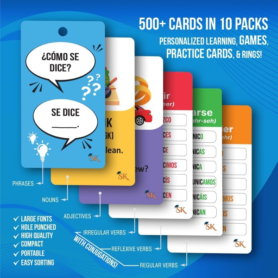 Portable 500+ Flash Cards Set: Learn Spanish with Engaging Visuals & Resources
