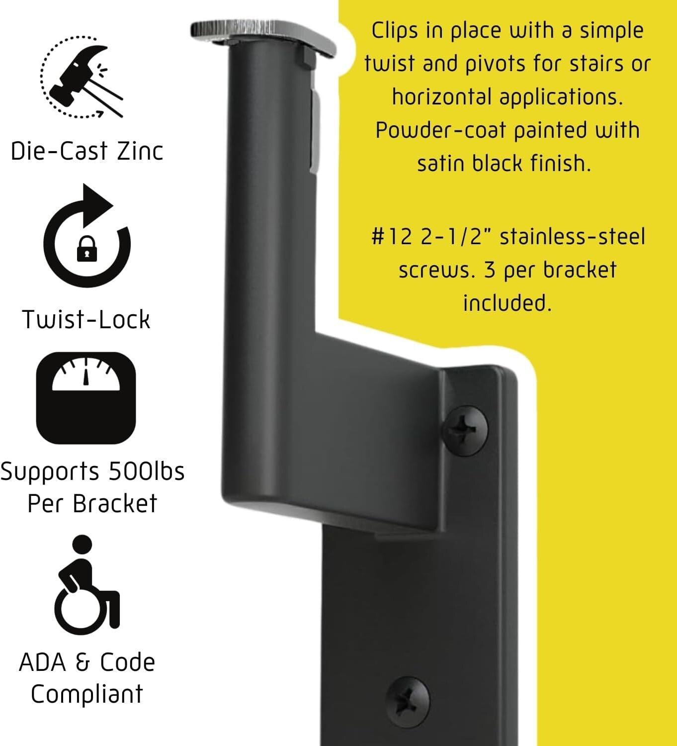 3ft Aluminum ADA Compliant Handrail Kit - Satin Black - Indoor/Outdoor Safety